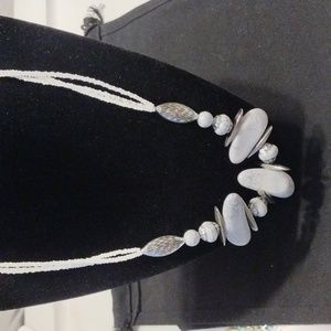 White Seed Bead with White w/ Gray Crackle Stone Bead Necklace